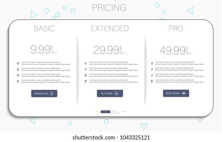 Price list, hosting plans and web boxes banners design. 3 tariffs. interface for the site. ui ux vector banner for website in flat design.