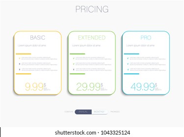 Price list, hosting plans and web boxes banners design. 3 tariffs. interface for the site. ui ux vector banner for website in flat design.