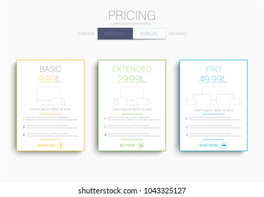 Price list, hosting plans and web boxes banners design. 3 tariffs. interface for the site. ui ux vector banner for website in flat design.