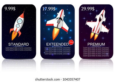 Price list, hosting plans and web boxes banners design. Set of offer tariffs. vector banner for web app. set of pricing table, order, box, button, list with plan for website in flat design.  space 