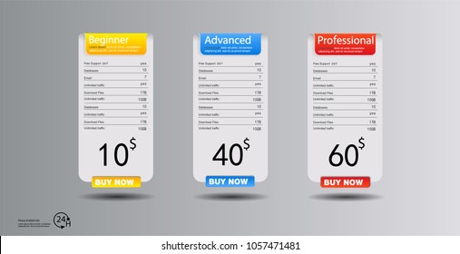 Price list, hosting plans and web boxes banners design. three tariffs. interface for the site. ui ux vector banner for web app.