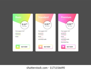 Price list, hosting plans and web boxes banners design. three tariffs. interface for the site. ui ux vector banner for web app.