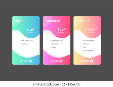 Price list, hosting plans and web boxes banners design. three tariffs. interface for the site. ui ux vector banner for web app.