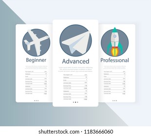 Price list, hosting plans and web boxes banners design. three tariffs. interface for the site. ui ux vector banner for web app.