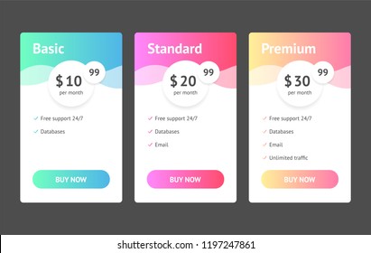 Price list, hosting plans and web boxes banners design. three tariffs. interface for the site. ui ux vector banner for web app.