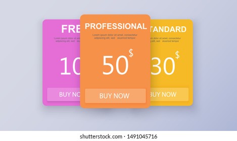 Price list, hosting plans and web boxes banners design. three tariffs. interface for the site. ui ux vector banner for web app. Vector