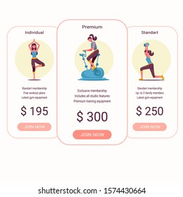 Price List, Hosting Plans And Web Boxes Banners Design. Three Tariffs. Interface For The Site. Ui Ux Vector Banner For Web App.Fitness Studio Theme