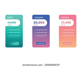 Price list, hosting plans and web boxes banners design. three tariffs. interface for the site. ui ux vector banner for web app.