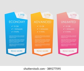 Price list, hosting plans and web boxes banners design. interface for the site. ui ux vector banner for web app. three tariffs. interface for the site. vector banner