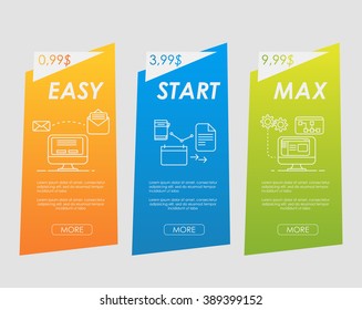 Price list, hosting plans and web boxes banners design. three tariffs. interface for the site. ui ux vector banner for web app.