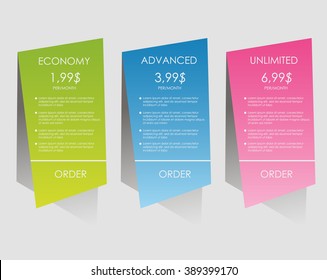 Price list, hosting plans and web boxes banners design. three tariffs. interface for the site. ui ux vector banner for web app. Banners templates for web development