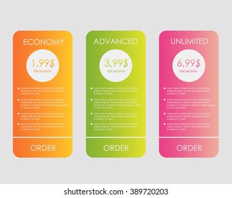 Price list, hosting plans and web boxes banners design. interface for the site. ui ux vector banner for web app. three tariffs. interface for the site. vector banner