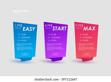 Price list, hosting plans and web boxes banners design. three tariffs. interface for the site. ui ux vector banner for web app.