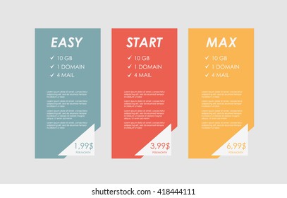Price list, hosting plans and web boxes banners design. three tariffs. interface for the site. ui ux vector banner for web app.
