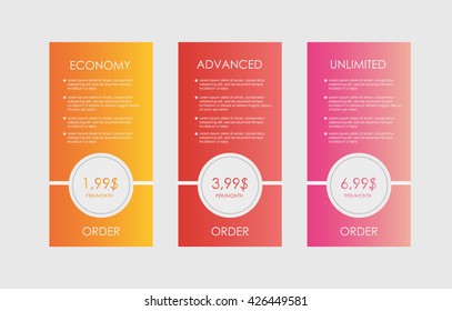 Price list, hosting plans and web boxes banners design. three tariffs. interface for the site. ui ux vector banner for web app.