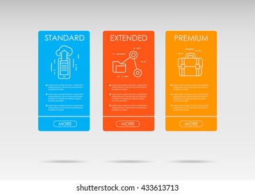 Price list, hosting plans and web boxes banners design. three tariffs. interface for the site. ui ux vector banner for web app.