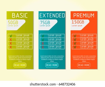 Price list, hosting plans and web boxes. Banners design for three tariffs. UI or UX vector banner for website or app.