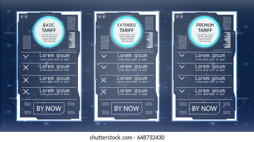 Price list, hosting plans and web boxes. Banners design for three tariffs. UI or UX vector banner for website or app.