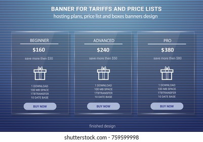Price list, hosting plans and web boxes banners design. three tariffs.