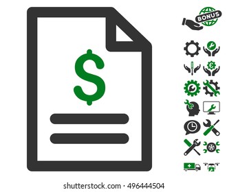 Price List icon with bonus tools images. Vector illustration style is flat iconic bicolor symbols, green and gray colors, white background.