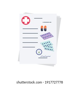 Price list, invoice, doctor's prescription, or reference information for medicines. A set of medicines for a fee. Stamp and signature. Health care medicine, pharmacy and vaccination concept. Vector