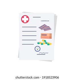 Price list, invoice, doctor's prescription, or reference information for medicines. A set of medicines for a fee. Stamp and signature. Health care, pharmacy and vaccination concept. Vector