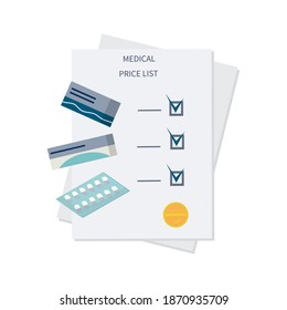 Price List, Invoice Or Reference Information For Medicines. Set Of Pills, Payment. Medicine And Healthcare, Pharmacy And Vaccination Concept. Flat Style. Vector
