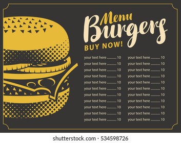 price list menu for the restaurant fast food with burger on a black background in retro style