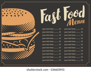 price list menu for the restaurant fast food with burger on a black background in retro style
