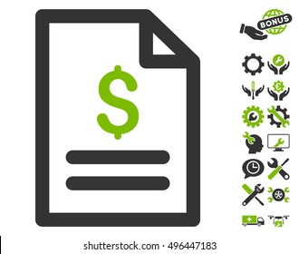 Price List pictograph with bonus tools icon set. Vector illustration style is flat iconic bicolor symbols, eco green and gray colors, white background.