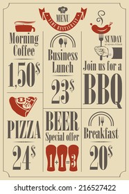 price list for the restaurant menu