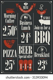 price list for the restaurant menu with different dishes
