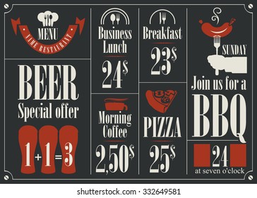 price list for the restaurant menu with different dishes