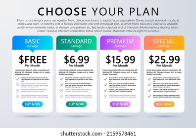 Price list with sale menu. User interface panel product price package box and button buy now. Template Design UXUI vector illustration. Pricing or subscription plan ui web elements. Website marketing 