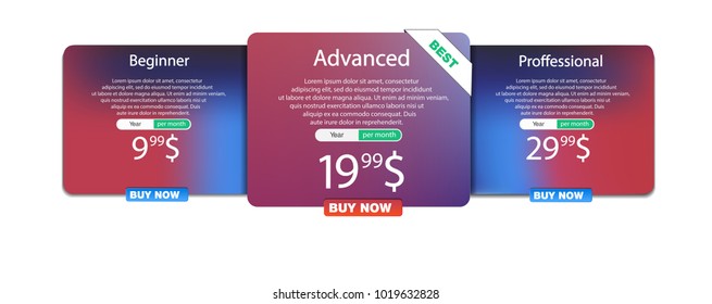 Price list set, Tariff plan, Pricing table for business. Clean modern UI UX design template, vector element for web interface or app.