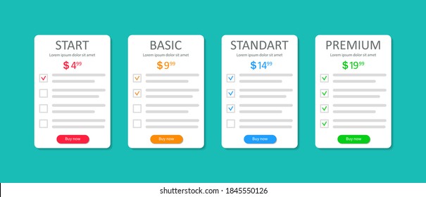 Price list of subscriptions. Template of comparison table for hosting plans. Design infographic of banner with checklist and chart. Layout of web column with cost of options product. UI menu. Vector.