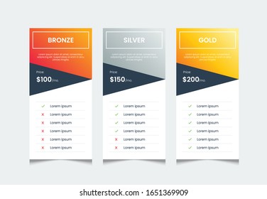 price list table template with 3 columns, web price ui. comparative table of product, infographic table layout vector.