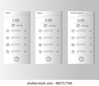 Price list,  three tariffs. Set tariffs. Interface for the site.