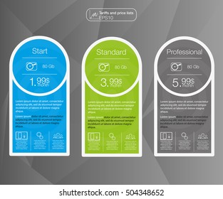 Price list,  three tariffs. Set tariffs. Interface for the site.