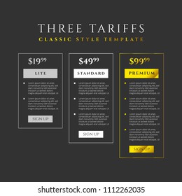 Price list, three tariffs for website or landing page in classic style