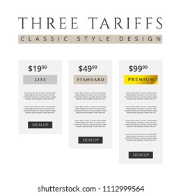 Price list, three tariffs for website or landing page in a classic vintage style
