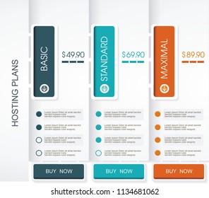 Price list widget with 3 payment plans for online services, pricing table for websites and applications.
