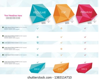 Price list widget with 3 payment plans for online services, pricing table for websites and applications.
