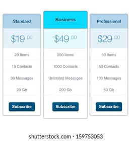 Price list widget with 3 payment plans for online services website template. Vector background.