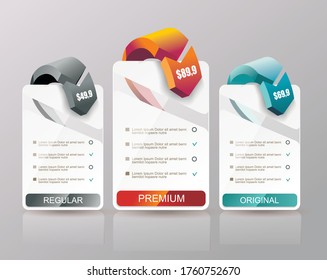 Price list widget with 3 payment plans for online services, pricing table for websites and applications.