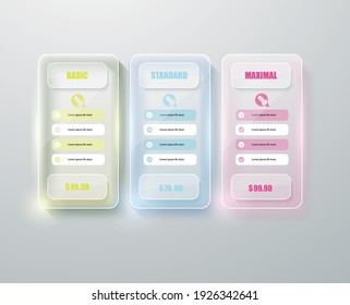 Price list widget with 3 payment plans for online services, pricing table for websites and applications.