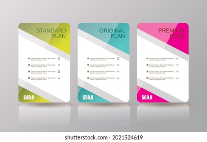 Price list widget with 3 payment plans for online services, pricing table for websites and applications.