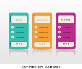 Price list widget with 3 payment plans for online services, pricing table for websites and applications.