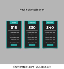 Price list widget with 3 payment plans for online services website template.modern and professional pricing table, pricing list table, table format vector