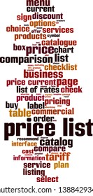 Price list word cloud concept. Collage made of words about consensus. Vector illustration